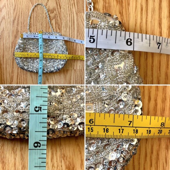 Vintage Handmade Silver Beaded Evening Bag Clutch Kiss Lock with Optional Chain - Picture 9 of 11